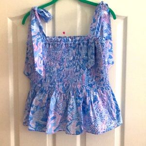 NWT XL Lilly Pulitzer Rivera Smocked Top in Boca Blue Sea what I Sea